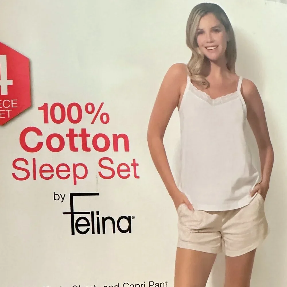 Felina Women's 4 Piece 100% Cotton Sleep Pajama Set L Tee Tank Short Capri Pant - Picture 5 of 10